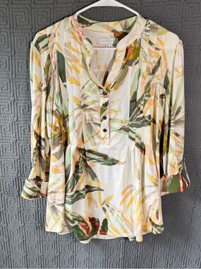 New Direction Blouse Women’s 1x Curvy Floral V-Neck Henley Long Sleeve